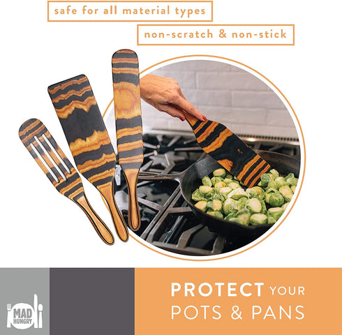 Mad Hungry Spurtle Pakkawood Set 3-Piece - Kitchen Spatula Spoon Tools for Cooking, Narrow Jar Scraper, Mixing Spoons, Icing Cake & Frosting Knife Spreader, Slim & Slotted Thin Paddle Pakka Spurtles