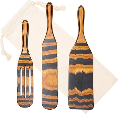 Mad Hungry Spurtle Pakkawood Set 3-Piece - Kitchen Spatula Spoon Tools for Cooking, Narrow Jar Scraper, Mixing Spoons, Icing Cake & Frosting Knife Spreader, Slim & Slotted Thin Paddle Pakka Spurtles