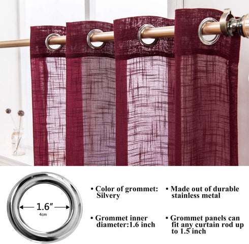 AmHoo 2 Panels Linen Sheer Curtains Premium Heavy Semi Draperies with Grommet Top Drapes Voile Panels Window Treatment for Living Bedroom Room Burgundy 52 x 95 Inch