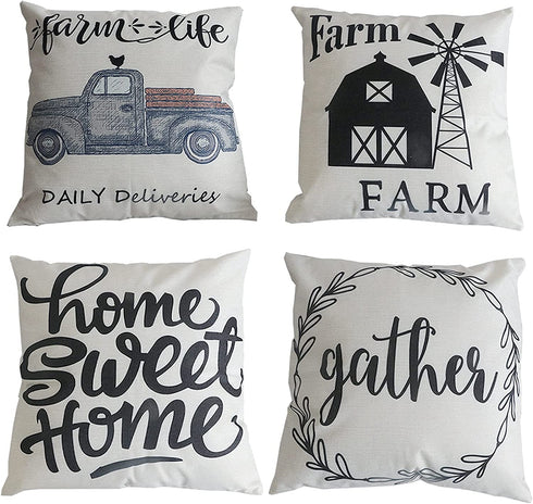 Onivein Farmhouse Sayings Pillow Covers 20x20 Inch Set of 4 Farmhouse Throw Pillow Covers Farm Windmill Truck Sweet Home Farm Throw Pillow Covers Linen Rustic Farm Pillow Case for Home Decor