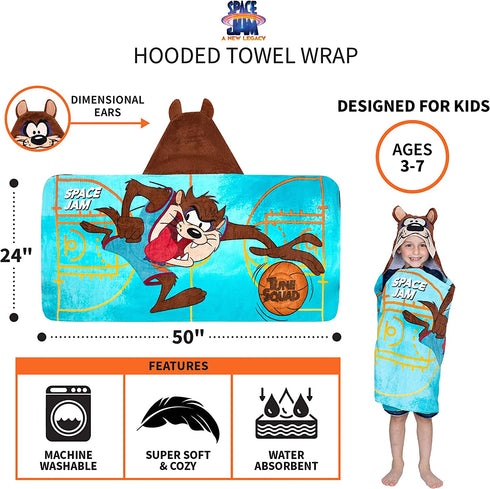 Franco Kids Bath and Beach Soft Cotton Terry Hooded Towel Wrap, 24 in x 50 in, Space Jam 2 A New Legacy