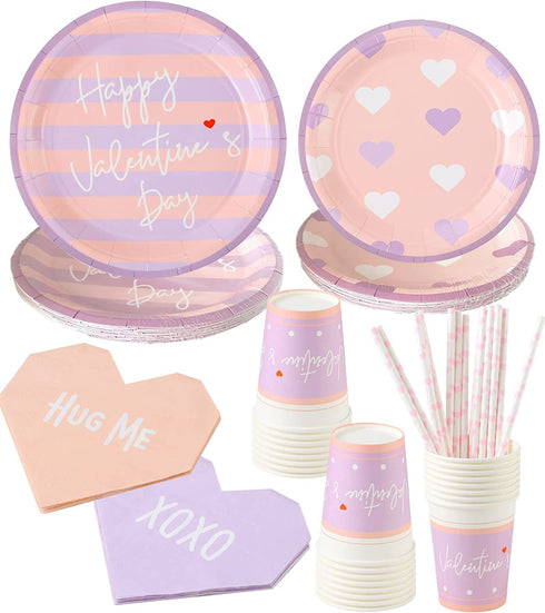 Valentines Day Plates and Napkins and Cups - Serves 16 - Valentine Decor Party Supplies Paper Straws Valentines Day Decor Valentine's Day Decorations