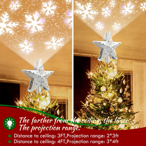 Christmas Tree Topper Lighted, Christmas Tree Toppers with Rotating Snowflakes LED Projector, Silver Star Tree Toppers Christmas Decorations