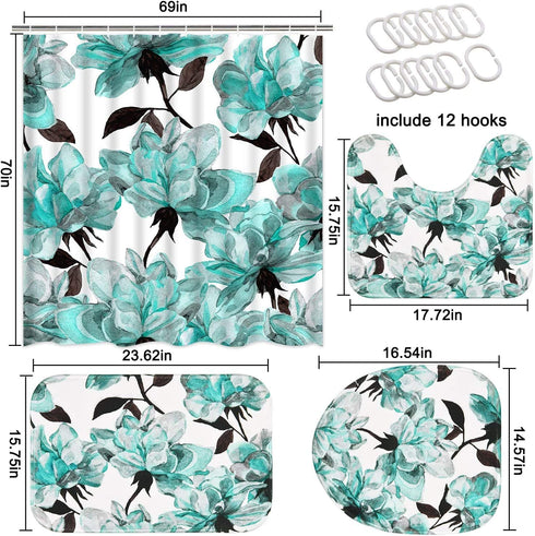 TAMOC 4 Pcs Watercolor Flower Shower Curtain Set with Non-Slip Rug, Toilet Lid Cover and Bath Mat, Blue Rose Shower Curtain with 12 Hooks, Waterproof Colorful Floral Bathroom Shower Curtain
