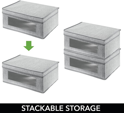 mDesign Fabric Stackable Basket Cube Storage Organizer Bin with Clear Plastic Window and Attached Lid for Organizing Bedroom Closet - Holds Clothes, Blankets, Hats - 2 Pack - Gray