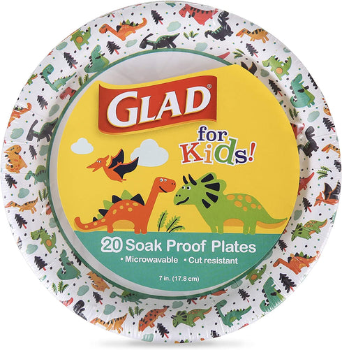 Glad for Kids 7-Inch Paper Plates | Small Round Paper Plates With Cute Dinosaur Design for Kids | Heavy Duty Disposable Soak Proof Microwavable Paper Plates for All Occasions, 20 Count