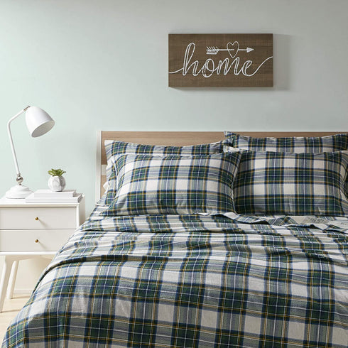 Comfort Spaces Cotton Flannel Breathable Warm Deep Pocket Sheets With Pillow Case Bedding, Twin, Scottish Plaid Green