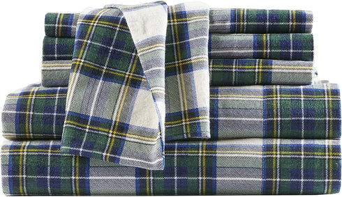Comfort Spaces Cotton Flannel Breathable Warm Deep Pocket Sheets With Pillow Case Bedding, Twin, Scottish Plaid Green