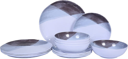 Melamine Plates and Bowls Set - 12pcs Dinnerware Sets for 4, Dinner Plates for Indoor and Outdoor Use, Break-resistant, Grey & White