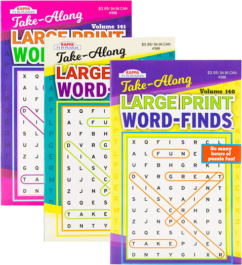 Kappa Take Along Large Print Word Finds Puzzle Book - 8" x 5" Digest Size 3 Titles, Word Search Find Words Books for Adults Teens, Training Learning with Game, 3-Pack