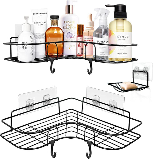 ASHINER Corner Shower Caddy, Bathroom Organizer Shelf Rust Proof Bathtub Storage Basket Accessories - No Drilling Shampoo Holder with Soap Holder Rack and Adhesive Hooks - 3 Pack, Black