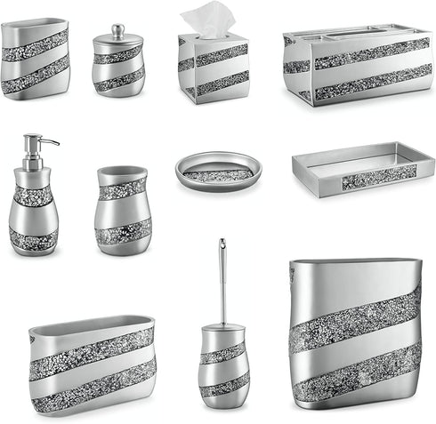 Silver Mosaic Q Tip Holder (3.8 x 3.8 4.9") - Decorative Cotton Ball Jar- Durable Resin Swab Container- Beautiful Bathroom Vanity Accessories- Elegant Bath Storage (Silver Gary) - Creative Scents