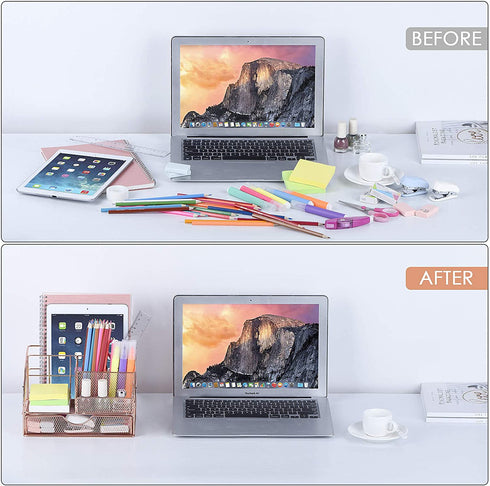 Upgraded Desk Organizer for Women, Cute Mesh Office Supplies Accessories Essentials Caddy with Drawer for Home & Office Desktop Organization & Decor, Rose Gold
