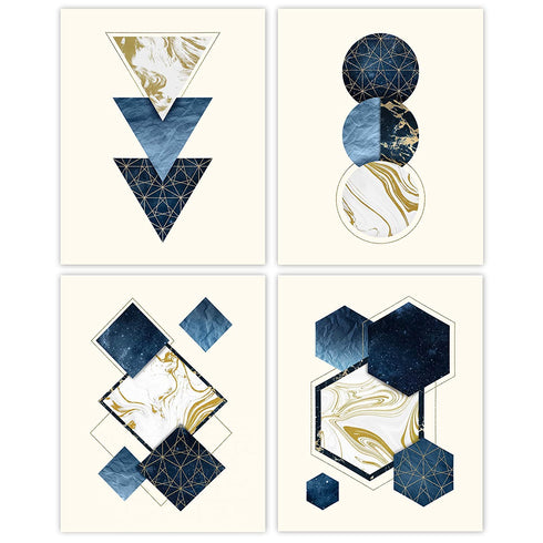 Modern Geometric Abstract Navy Blue Gold Wall Art Decor Prints, 4 (8x10) Unframed Photos, Artwork Gifts Under 20 for Home Bar Room Bathroom Office Design Studio Idea Lounge Student Teacher Friend