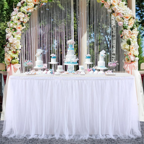 White Table Skirt Baby Shower 6ft Tulle Table Skirting with Gold Brim Round and Rectangle Tutu Table Decoration Table Cloth for Birthday Party,Gender Reveal Wedding(L6(ft), H30in)
