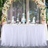 White Table Skirt Baby Shower 6ft Tulle Table Skirting with Gold Brim Round and Rectangle Tutu Table Decoration Table Cloth for Birthday Party,Gender Reveal Wedding(L6(ft), H30in)