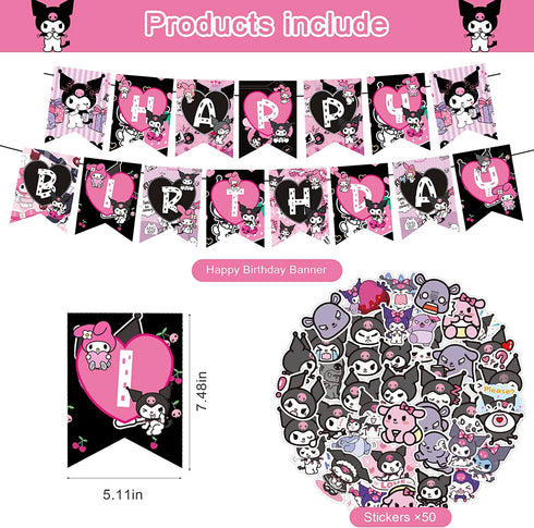 Kuromi Party Decorations,Birthday Party Supplies For Kuromi Party Supplies Includes Banner - Cake Topper - 12 Cupcake Toppers - 18 Balloons - 50 Kuromi Stickers