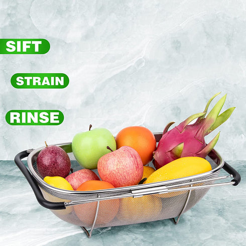 18/8 Stainless Steel Over The Sink Colander with Fine Mesh Strainer Basket & Expandable Rubber Grip Handles - Strain, Drain, Rinse Fruits, Vegetables