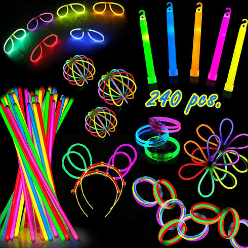 Glow Sticks Party Pack - 240 PCS That Includes, 100 Pcs 8 Inch Glow sticks,10 Pcs Ultra-Bright 6 Inch Glow Sticks, And All Exciting Accessories Create Glow In The Dark Necklaces, Bracelets, Glasses, Headbands, Balls, Flowers And Much More, Neon Light Sti