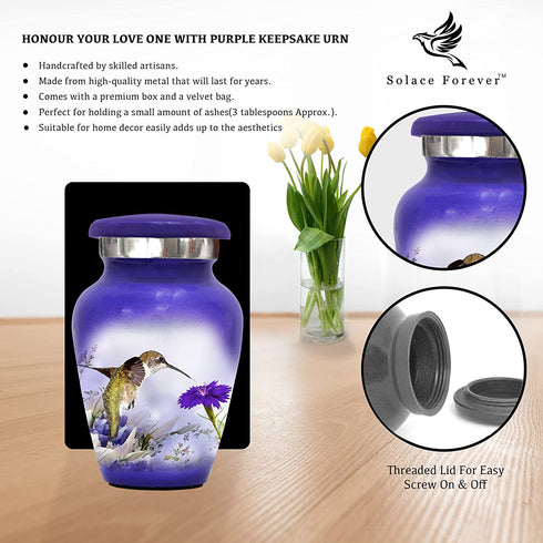 Hummingbird Keepsake Urn Purple - Mini Cremation Urn with Premium Box & Bags - Memorial Urn for Human Ashes - Honor Your Loved One with Small Purple Urn - Perfect Bird Urn for Adults & Infants