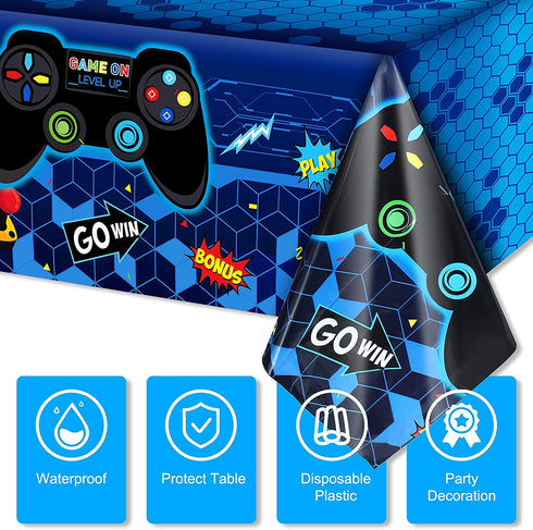 Video Game Table Cover Blue Video Game Birthday Decoration Game Theme Plastic Table Cloth Party Supplies for Boys Girls Kids Player Geek Party Decorations, 54 x 108 Inches (1 Piece)