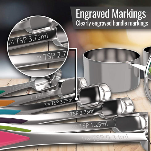 13-Piece Measuring Cups and Spoons Set - Stainless Steel Measuring Cups and Oval-Shaped Measuring Spoon - New Spring-Type Ring with No Sharp Edges - Non-Slip Silicone Grip Handles - Heavy-Duty