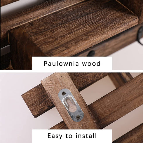 Efonow Wood Wall-Mounted 3-Tiered Stair Shelf with 6 Key Hooks and A Floating Shelf Rustic Home Decor for Entryway Carbonized Black