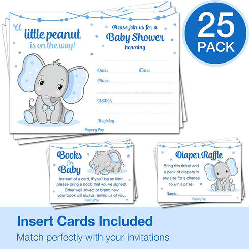Set of 25 Baby Shower Invitations for Boy with Envelopes, Diaper Raffle Tickets and Baby Shower Book Request Cards - Elephant