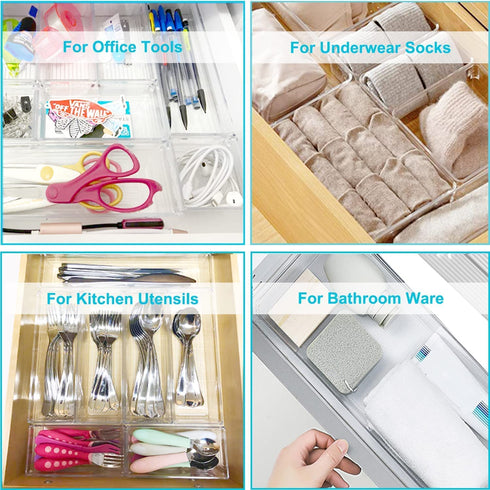 21 PCS Clear Plastic Drawer Organizers, 4 Size Vanity Organizer Set, Drawer Dividers Organization Trays for Desk, Makeup, Jewelries and Kitchen Utensils