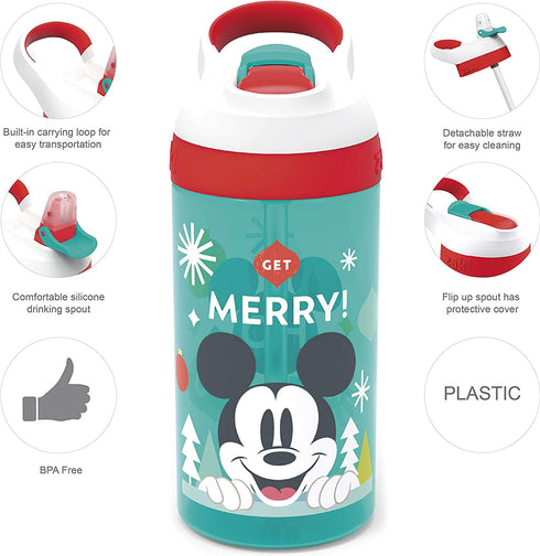 Zak Designs Disney Kids Water Bottle with Straw and Built in Carrying Loop Made of Durable Plastic, Leak-Proof Design (16 oz, Mickey Mouse)