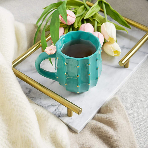Pinky Up Cactus Mug, 3D Green Ceramic, Gold Details, Holds 10 Ounces, Coffee & Tea Accessories, Cute Succulent Coffee Mug