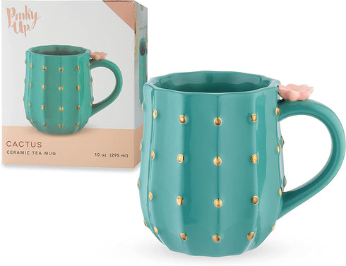Pinky Up Cactus Mug, 3D Green Ceramic, Gold Details, Holds 10 Ounces, Coffee & Tea Accessories, Cute Succulent Coffee Mug