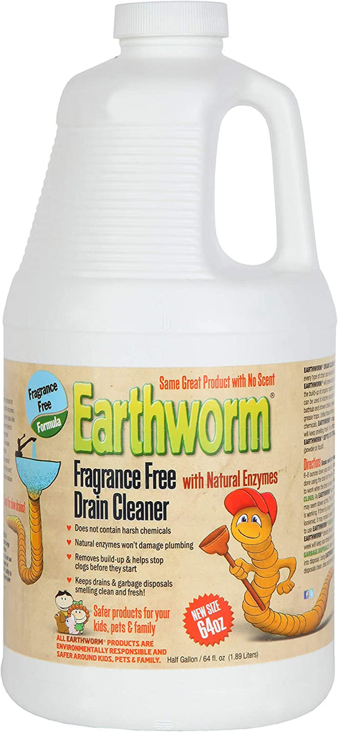 Earthworm Fragrance Free Drain Cleaner - Drain Opener - Natural Enzymes, Environmentally Responsible, Safer for Pets and Kids - 1 Half Gallon, 64 oz