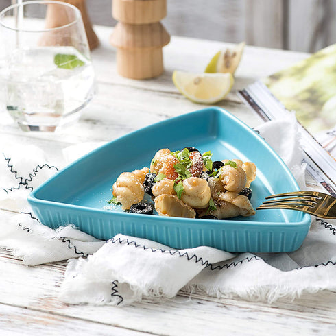 Bruntmor Porcelain 8" Triangle Plates Set Of 4 - Oven Safe Triangular Dish For Appetizer or Desserts Buffet Plates Restaurantware, Blue