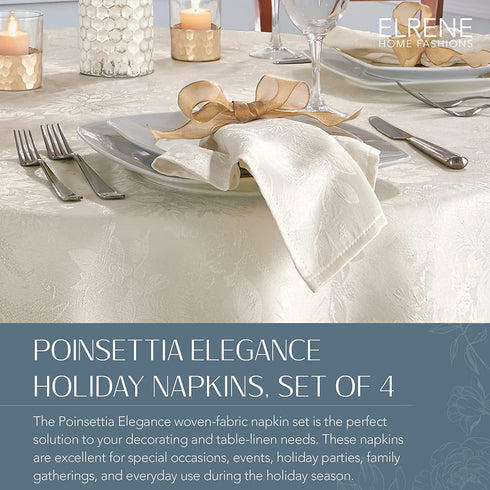 Elrene Home Fashions Poinsettia Elegance Jacquard Holiday Napkins (Set of 4), 17" x 17", Ivory 4 Count