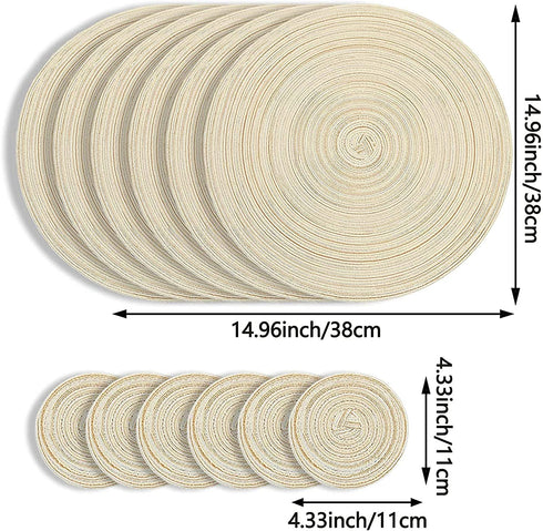 12 PCS Round Placemats and Coasters Set(15"×15"&4.33"×4.33") 6 Place Mats and 6 Coaster Round Braided Placemats Round Table Mats for Dining Tables Table Mats(Beige)