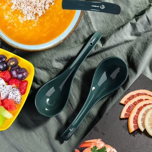Chinese Soup Spoons Ceramic Asian Japanese Serving Spoon QHC KOCK 6.8 Inch blackish green Deep Porcelain Pho Spoon for Home Kitchen Supplies, Ramen Wonton Dumpling Miso, Noodle, Wontons