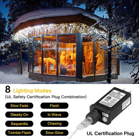 AmyHomie Christmas Lights 400 LED Icicle Lights, 8 Modes White Icicle Lights Outdoor with 75 Drop, Indoor Curtain Fairy Halloween Lights for Wedding Party Holiday Christmas Decorations