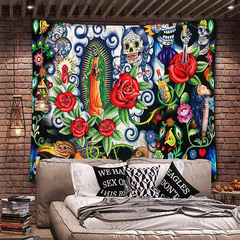 FEASRT Day of Dead Tapestry Skull Tapestry Mexican Skeleton Tapestries for Bedroom Living Room Apartment Dorm Decorations Wall Art Decor Tapestry 60x60 Inches GTZYAY427