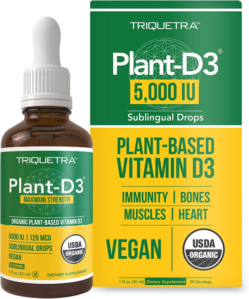 Plant-D3 Organic Vitamin D3 5000 IU - Vegan, Max Strength Sublingual Liquid D3 Drops - 200% Higher Absorption - 100% Plant-Based Cholecalciferol Form - Adjustable Dosing for All Ages (1oz Liquid)