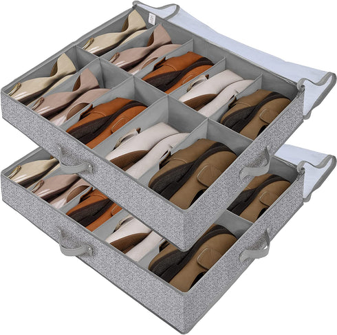 GRANNY SAYS Under Bed Shoe Storage Container, Breathable Under Bed Storage Bags with Zippers and Handle, Dividers Shoe Storage Bin Solution, Gray, 2-Pack