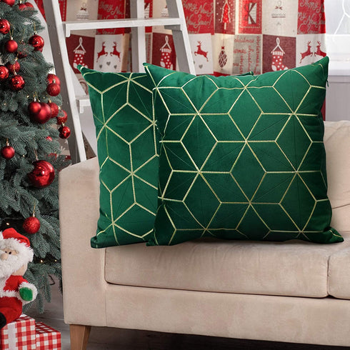 Lewondr Golden Embroidery Velvet Throw Pillow Cover, 2 Pack Soft Velvet Throw Pillow Case Golden Lines Embroidered Rhombus Pattern Back Cushion Cover for Car Sofa Bed 18"x18"(45x45cm), Dark Green