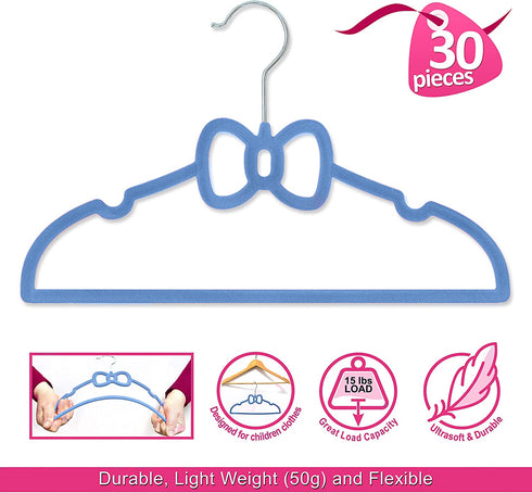 Kids Velvet Hangers (13" - 30 Pack) - Baby Clothes Hangers with Blue Bow Design for Ages 4-12 -Toddler Hangers - Non-Slip Baby Hanger & Small Hangers - Baby Hangers Velvet & Baby Felt Hangers