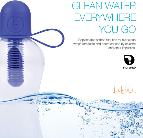 Bobble Classic Water Bottle, Filtered Water, BPA-Free Reusable Bottle, Soft Touch Carry Cap with Replaceable Carbon Filter for Sustainable Water and Hydration 18.5 oz - 2 Pack (Black)