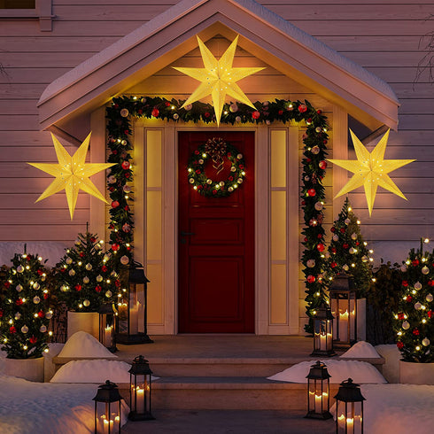Paper Star Lantern, 8 Mode 50 LEDs Firework Fairy String Lights, Light up Hollow Out Star Hanging Decoration for Indoor Outdoor Room Wedding Christmas Party (Classic Style)
