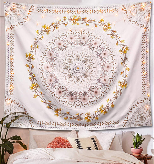 Lifeel White Bohemian Tapestry Wall Hanging, Mandala Floral Medallion Hippie Tapestry with Light Brown Aesthetic Wreath Design, Cream Wall Decor Blanket for Bedroom Home Dorm, Large 68×80 inches