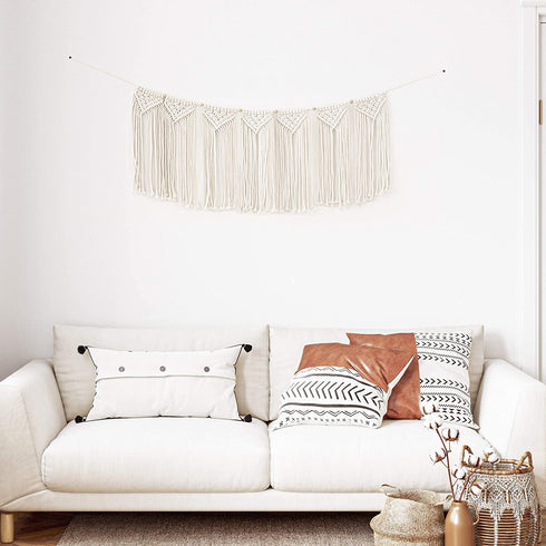 TIMEYARD Macrame Wall Hanging Curtain Valance, Macrame Tapestry Garland Banner, Boho Shabby Chic Bohemian Woven Wall Decor Living Room Dorm Bedroom Nursery Party Backdrop, 15" W x35" L, 7 Flags