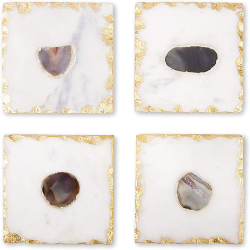 Bezrat Marble Coasters for Drinks - Set of 4 - Square - Modern Gold Edge Agate Stone Coaster - Tabletop Protection - Mothers Day Housewarming Gift