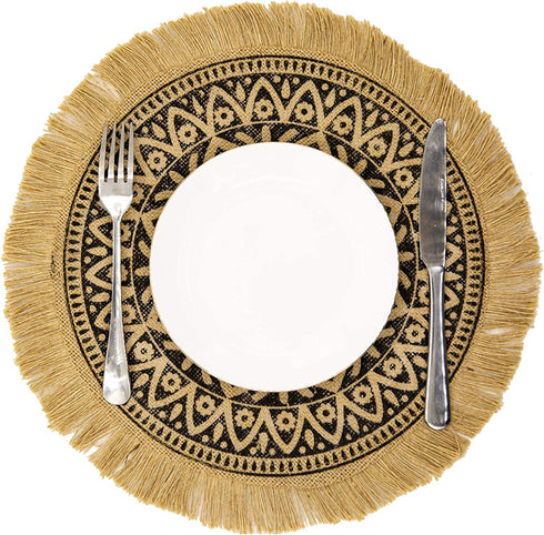 CAPASIN Boho Round Placemats Set of 4 Brown Dining Modern Dinner Braided Beige Table and Fall Circle Runner Kitchen Plate Mats Runners for White Place with Fringe Gold(Brown Tassel A)