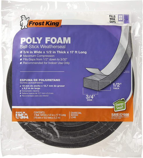 Frost King L346 Self-Adhesive Open Cell Tape, 17 Ft L X 3/4 in W 1/2 in T, Polyfoam, Charcoal
